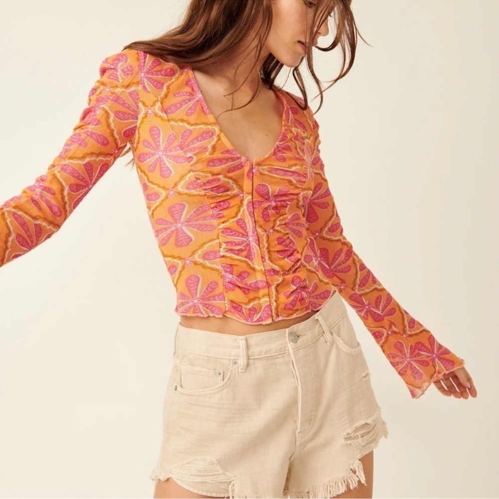 Free People Orange & Pink Floral Long Sleeve Crop Top